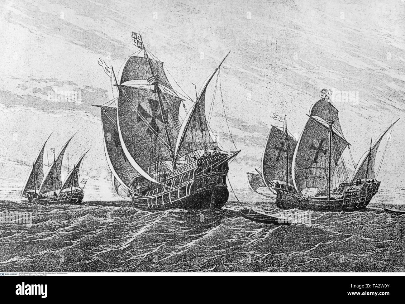 Die drei Schiffe der italienischen Seefahrer Christoph Kolumbus, der carrack Santa Maria und die beiden kleineren Karavellen Nina und Pinta Stockfoto