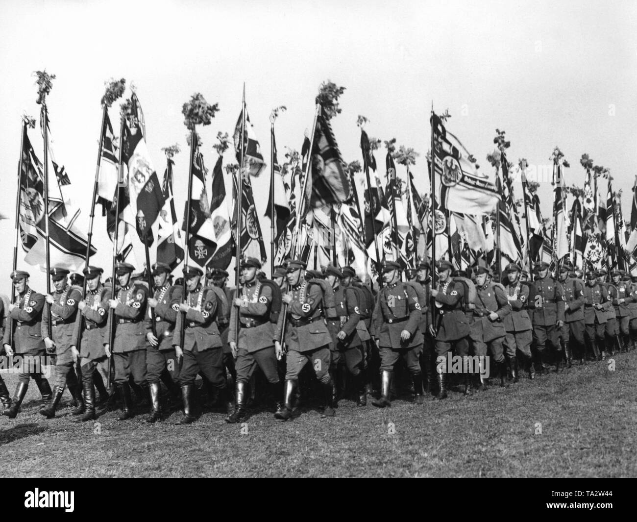 Flagbearers marschieren an der Reichsfuehrer Muster des Stahlhelm am Maschsee in Hannover. Stockfoto