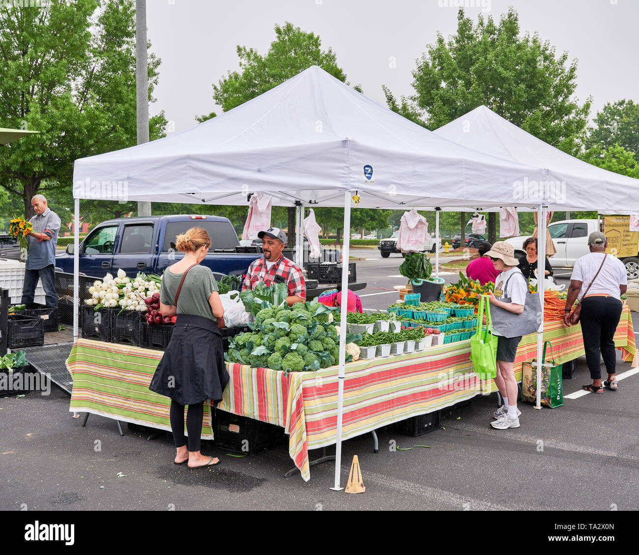 Der kleine Bauernmarkt mit Anbietern verkaufen frisches Obst und Gemüse die Shoppes in Eastchase, Montgomery Alabama, USA. Stockfoto