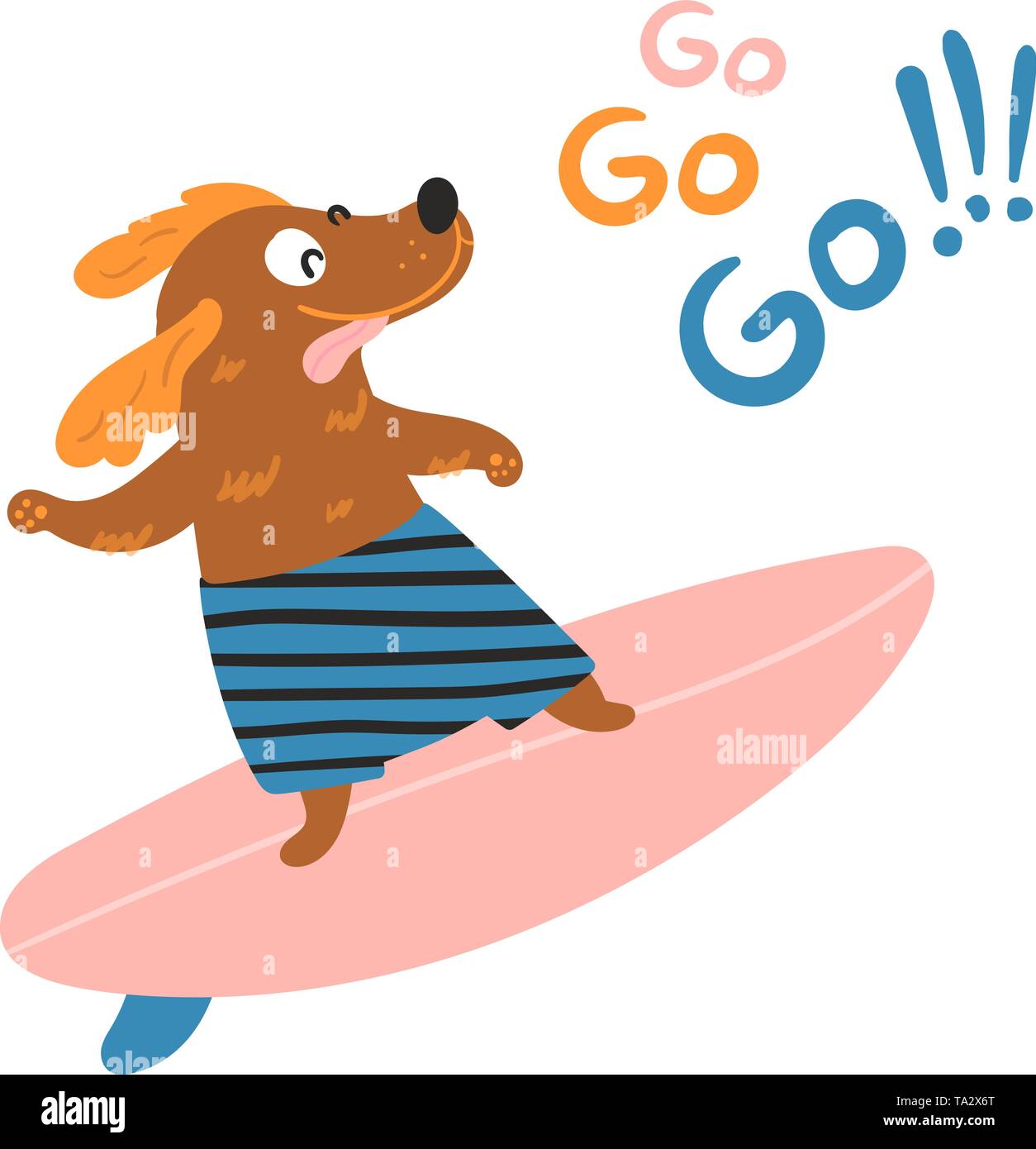 Hund surfer ist das Surfen auf ein Surfbrett. Go go go-Schriftzug. Reinrassige Haustier in Shorts ist eine Fortbildung für Sommer Wasser Aktivität auf einem Bord. Flache Vektor i Stock Vektor