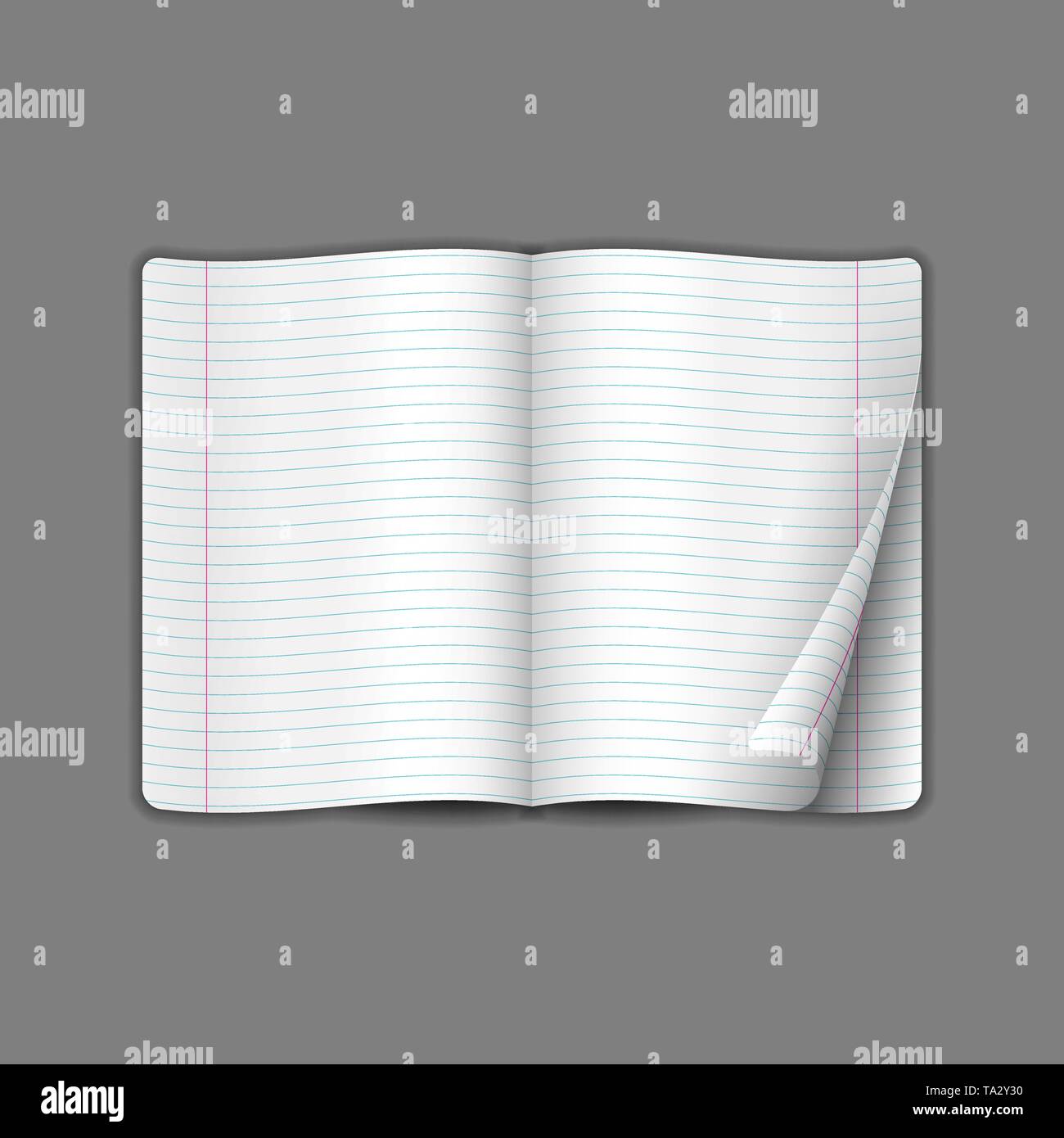 Mock up mit Linien Vorlage geöffnet Broschüre. Realistische Layout für Zeitschrift oder Notebook auf grauem Hintergrund. Verpackt Seite. Stock Vektor