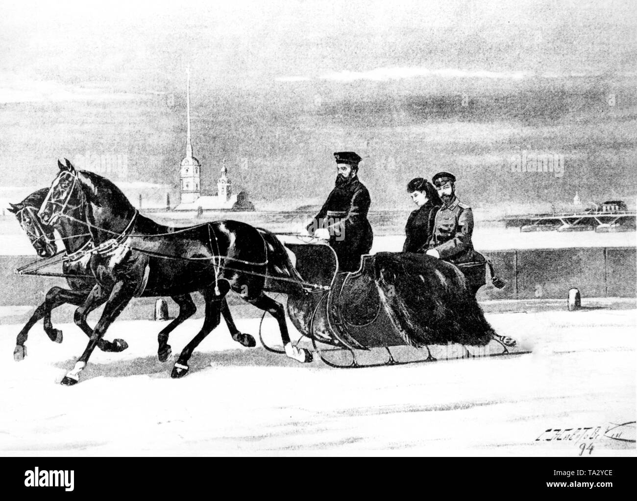 Zeitgenössische Darstellung der Künstlerin Schirotowskiy, Zar Nikolaus II. von Russland mit seiner Gattin Zarin Alexandra Fjodorowna während einer Pferdeschlittenfahrt in Sankt Petersburg an der Newa. Links im Hintergrund, die Peter und Paul Festung. Stockfoto