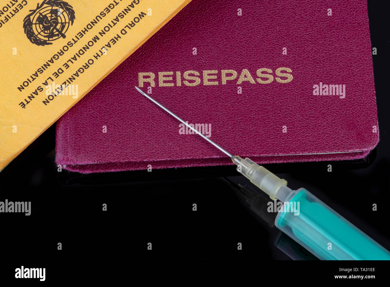 Reise schutz Impfung Spritze mit Nadel auf eine Impfung Buch und ein Reisepass Stockfoto
