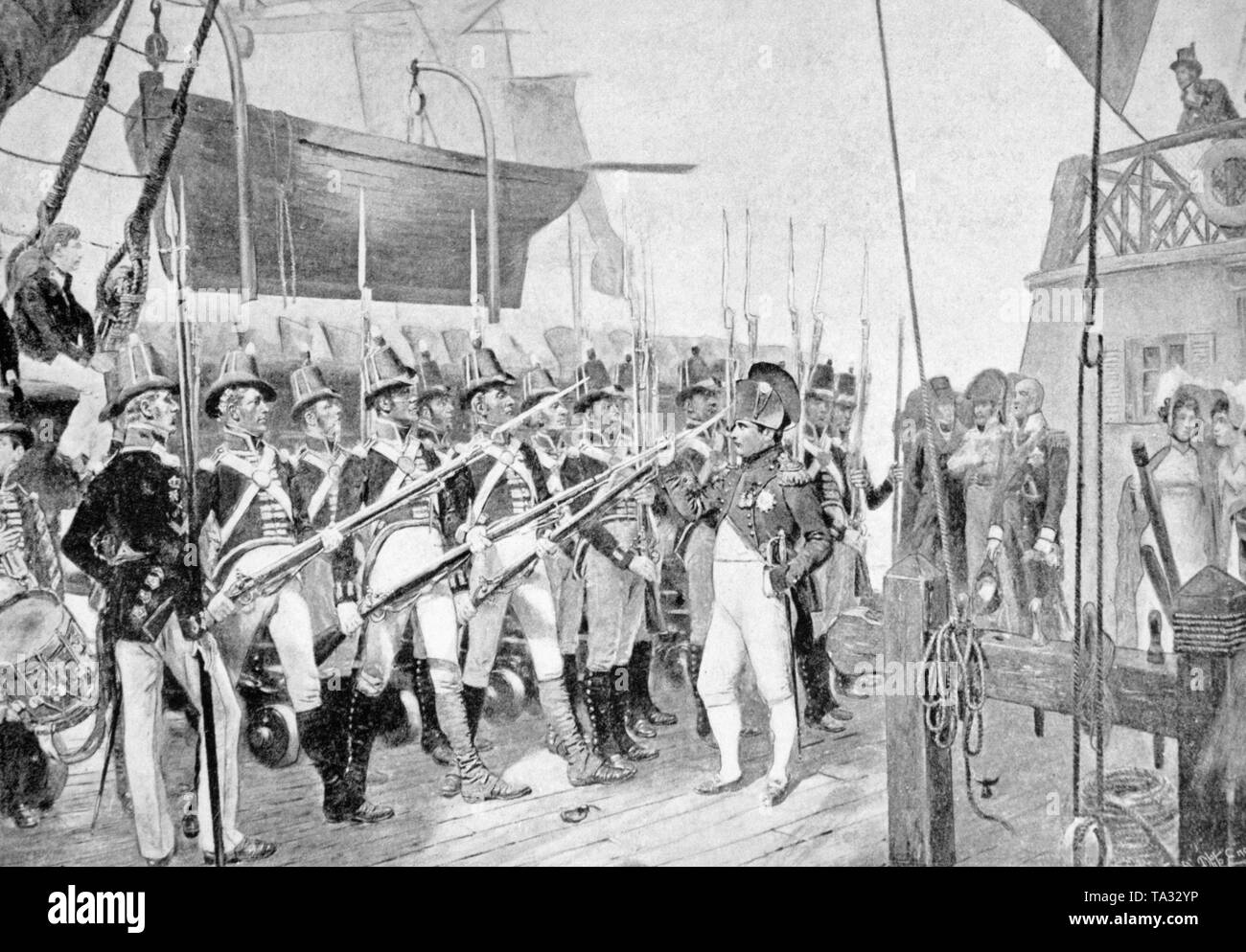 Der französische Kaiser Napoleon I. für das englische Kriegsschiff "Bellerophon', mit der er ins Exil auf der Insel St. Helena gesendet wird gebracht wird. Stockfoto