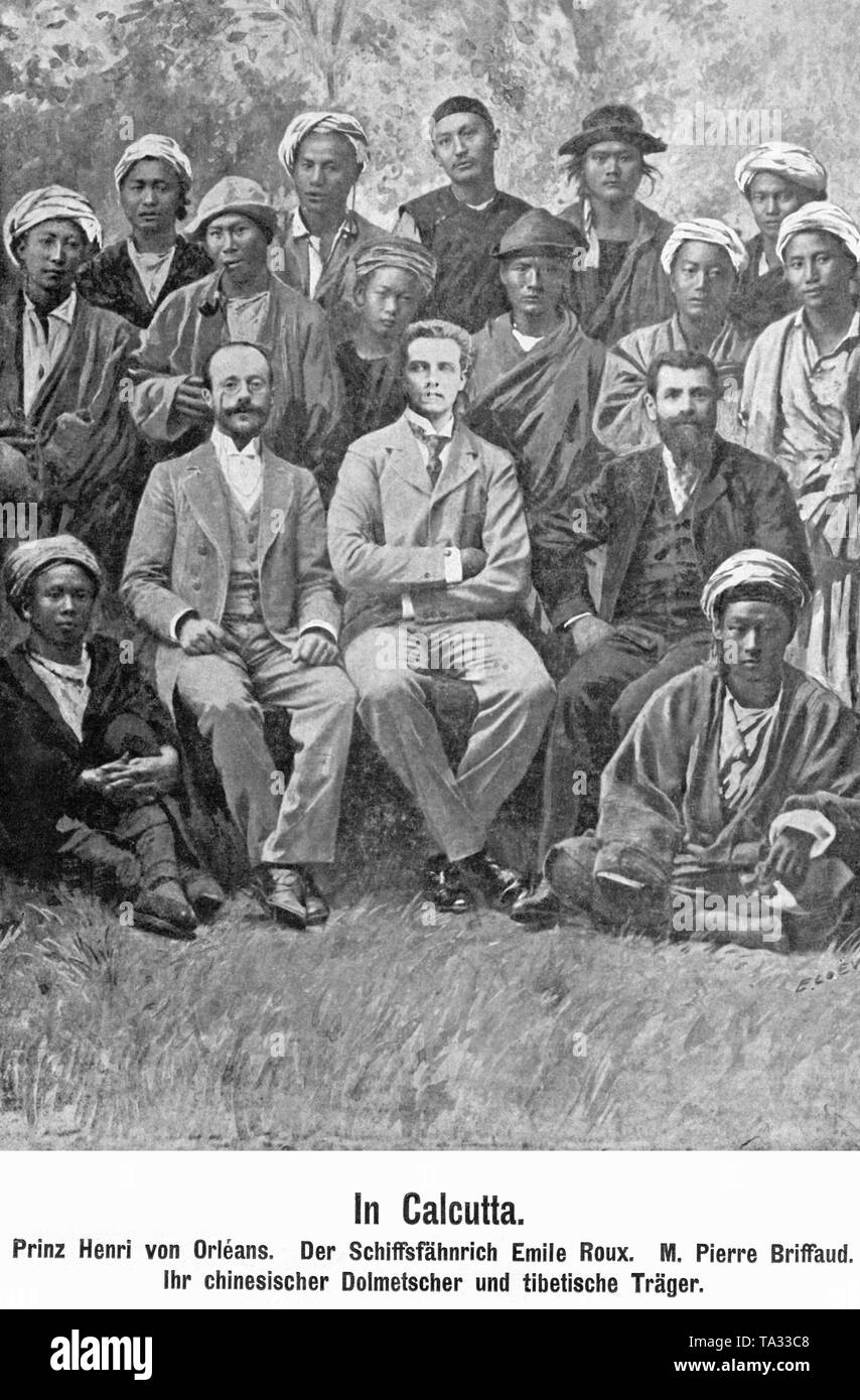 Prince Henri von Orleans, das Schiff der Stern Emile Roux, M. Pierre Briffaud, Ihr chinesischer Dolmetscher und Tibetischen Träger in Kalkutta. Stockfoto