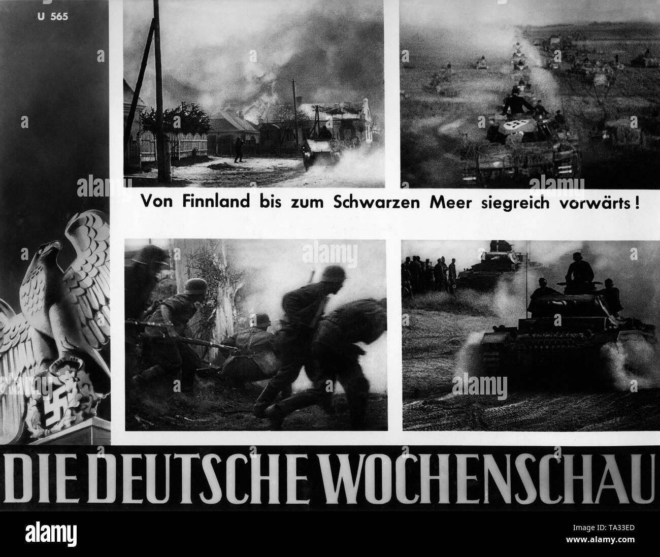 Bilder der Deutschen Wochenschau zu Beginn der Russischen Kampagne: Burning russischen Dorf (oben links), Deutsche Panzerkolonne (oben rechts), Deutsche Infanterie in der Schlacht (unten links), deutsche Panzer III (rechts unten). Stockfoto