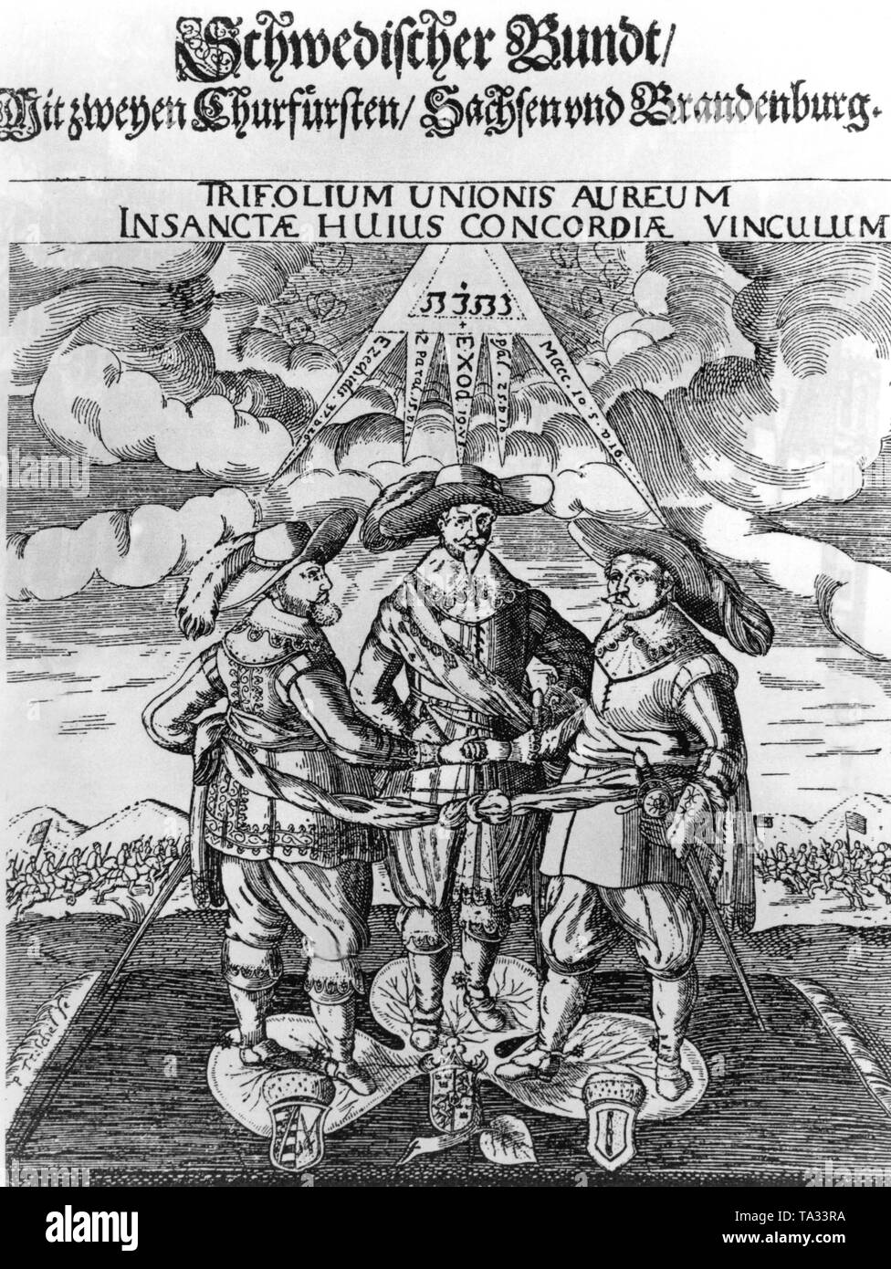 1631 Die protestantischen Kurfürsten von Brandenburg und Sachsen und der schwedische König Gustav Adolf II. ein Bündnis. Stockfoto