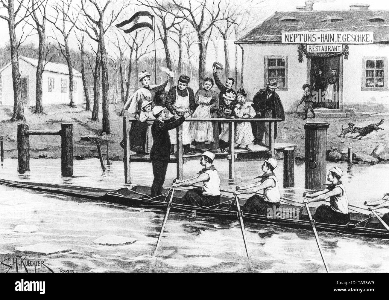 Postkarte mit Ruderern aus Berlin, an der Spree um 1895 im Rahmen der so genannten "Eiertribut", einem alten Brauch der Berliner ruderer an der Oberspree. Im Hintergrund ist das Restaurant Neptuns Hain. Abbildung aus einer Zeitung. Stockfoto