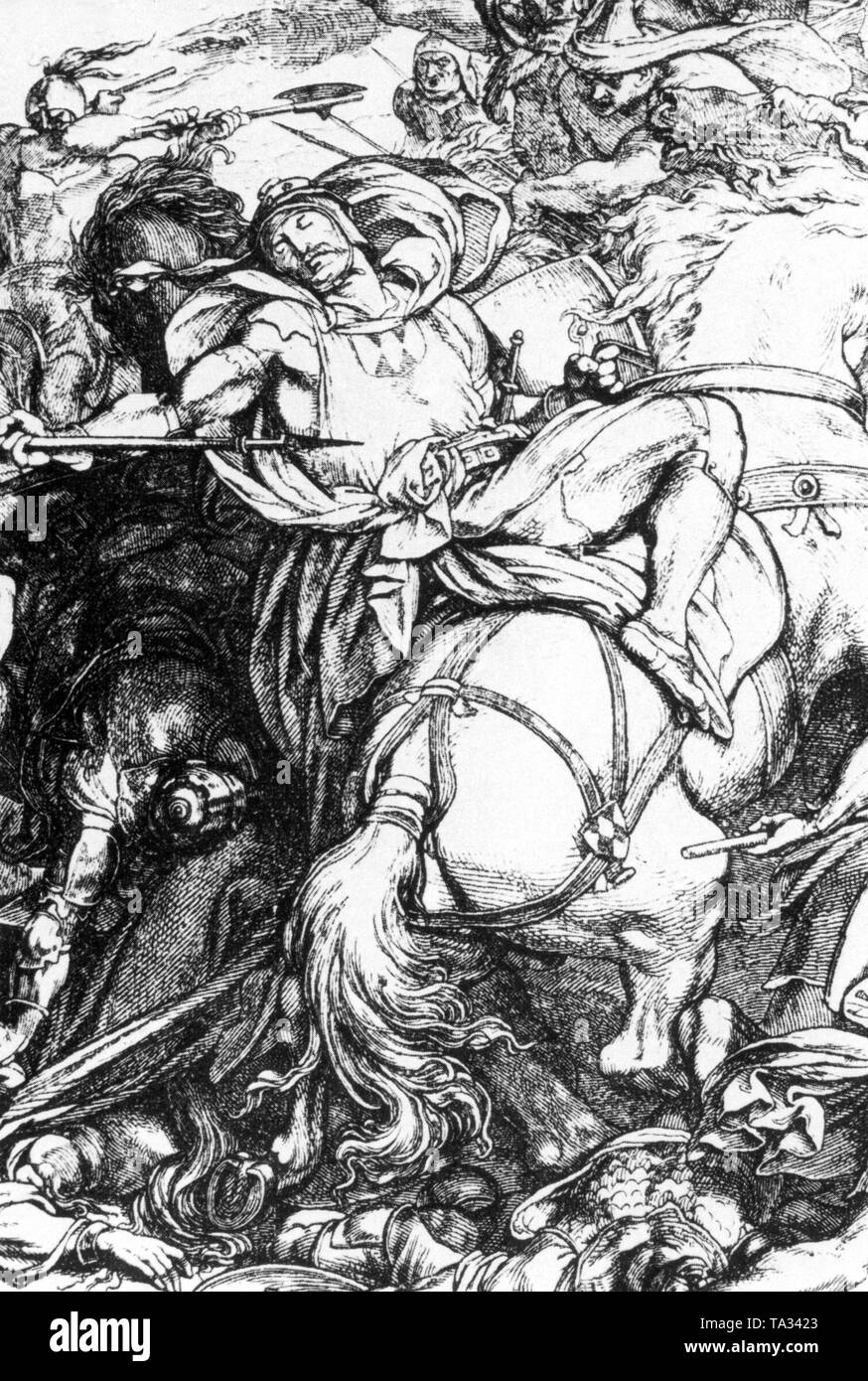 Auf diesem Foto sehen Sie das Gemälde "Tod des Markgrafen Luitpold in der Schlacht gegen die Ungarn (907)" von W. Roegge. Der Markgraf und Herzog Luitpold von Bayern war der Vorfahr der Luitpoldings. Stockfoto
