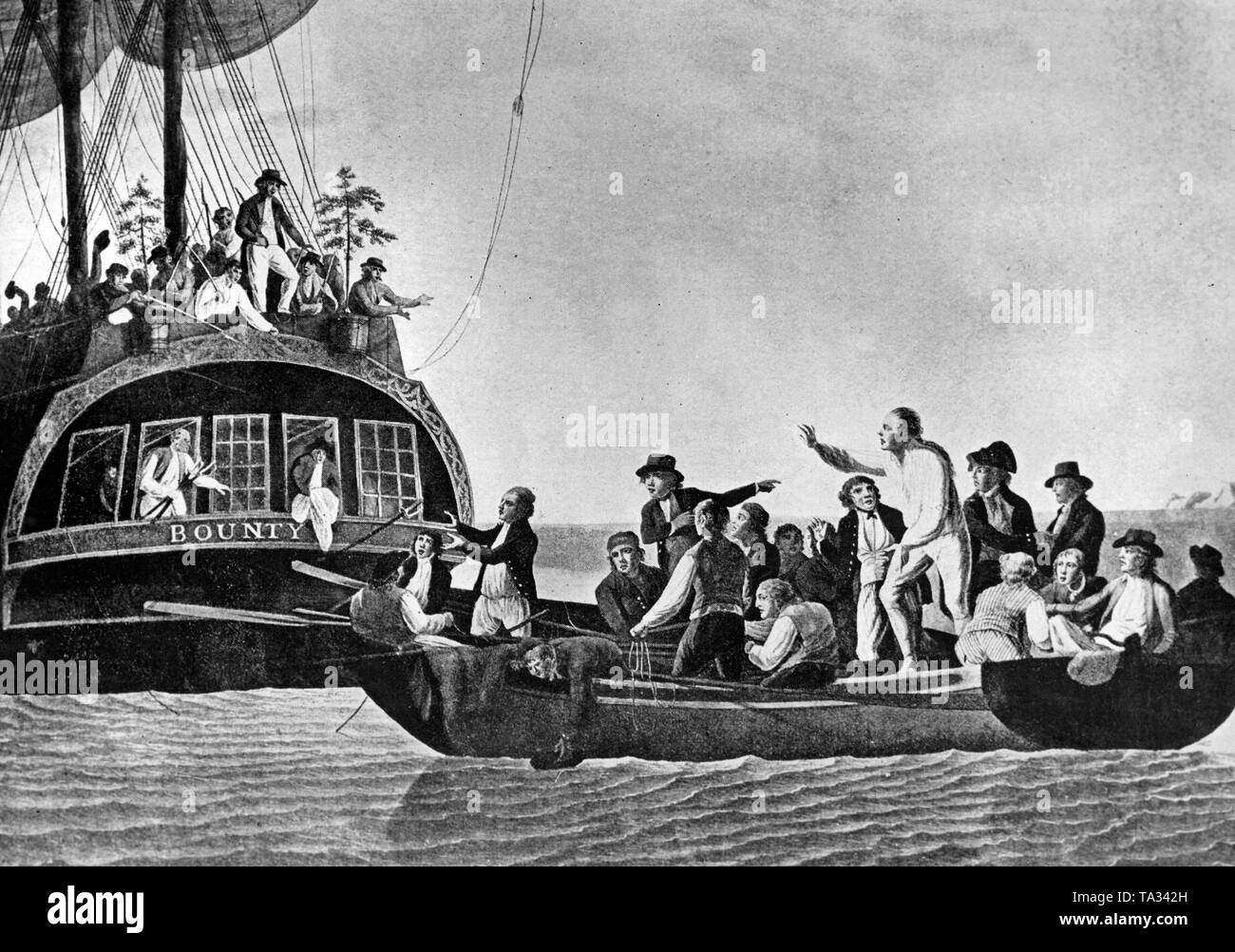 Ein Kupferstich von britischen Künstlers Robert Dodd zeigt Captain Bligh und einige treue Mitglieder der Besatzung beim Verlassen des 'Bounty'. Stockfoto