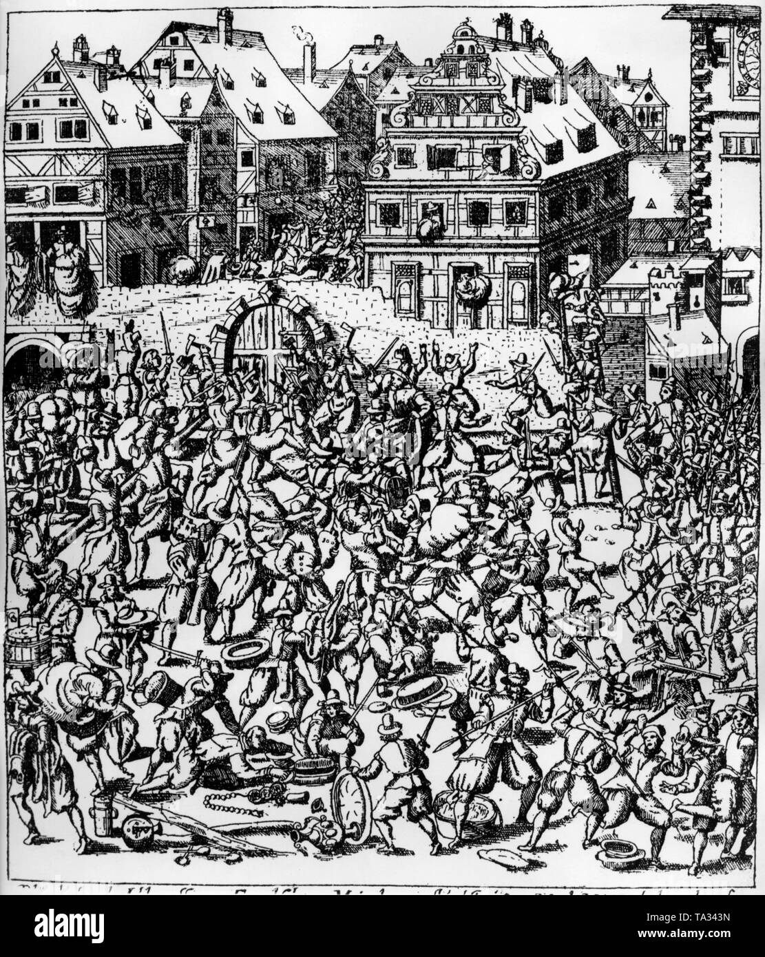 Dieser kupferstich von Georg Keller zeigt die Ausplünderung der Judengasse (Juden' Lane) in Frankfurt. Die Gravur ist im Kupferstichkabinett in München. Stockfoto