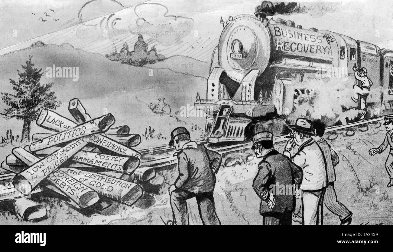 Karikatur zeigt eine Lokomotive mit der Aufschrift 'Business Recovery', mit Baumstämmen in seiner Art mit Etiketten wie "Politik" oder "Mangel an Vertrauen'. Stockfoto