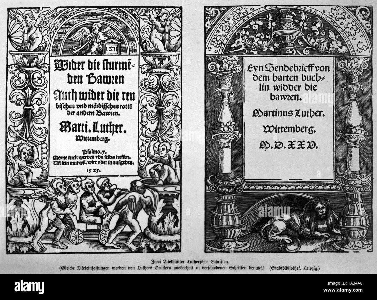 Titelseiten von Luthers Schriften gegen die Erstürmung der Bauern (Größeres sterben stuermenden Bauern'), 1525, Links und "einen Offenen Brief an die rauen Buch gegen die Bauern" ('' Ein Sendebrief von dem harten Buechlein wieder sterben Bauern'), wo Luther selbst aus dem deutschen Bauernkrieg distanziert, die entscheidend durch die Grundsätze der Reformation gerechtfertigt war. Stockfoto