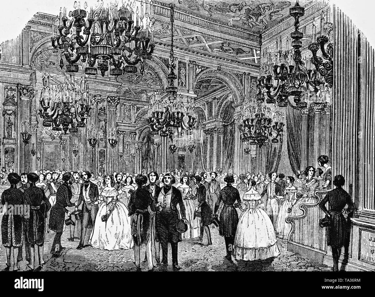 Die Gäste während des Ball im Festsaal des Pariser Stadthaus. Kupferstich von 1844. Stockfoto