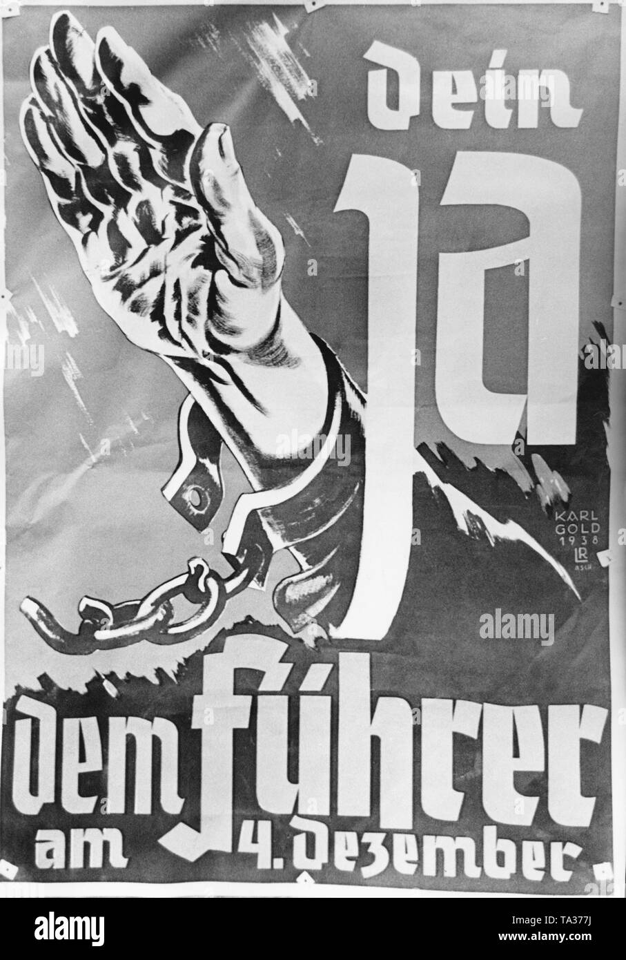 Wahlplakat für die Sudetendeutsche Nachwahlen. Die Sudetendeutschen werfen ihre Abstimmung über die Annexion des Sudetenlandes an das Deutsche Reich. Auf dem Plakat: "Ihr ja für den Führer am 4. Dezember". Stockfoto