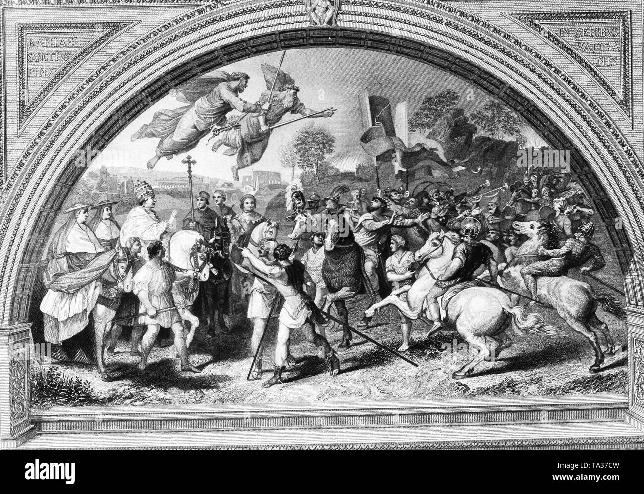 Die Sitzung der Leo der Große und Attila Gemälde von Raffael im Vatikan Museum in Rom zeigt die storied vergehen zwischen dem Papst und dem Hun Eroberer, und umfasst die legendären Bilder von St. Peter und Paul in den Himmel Lager Schwerter Stockfoto