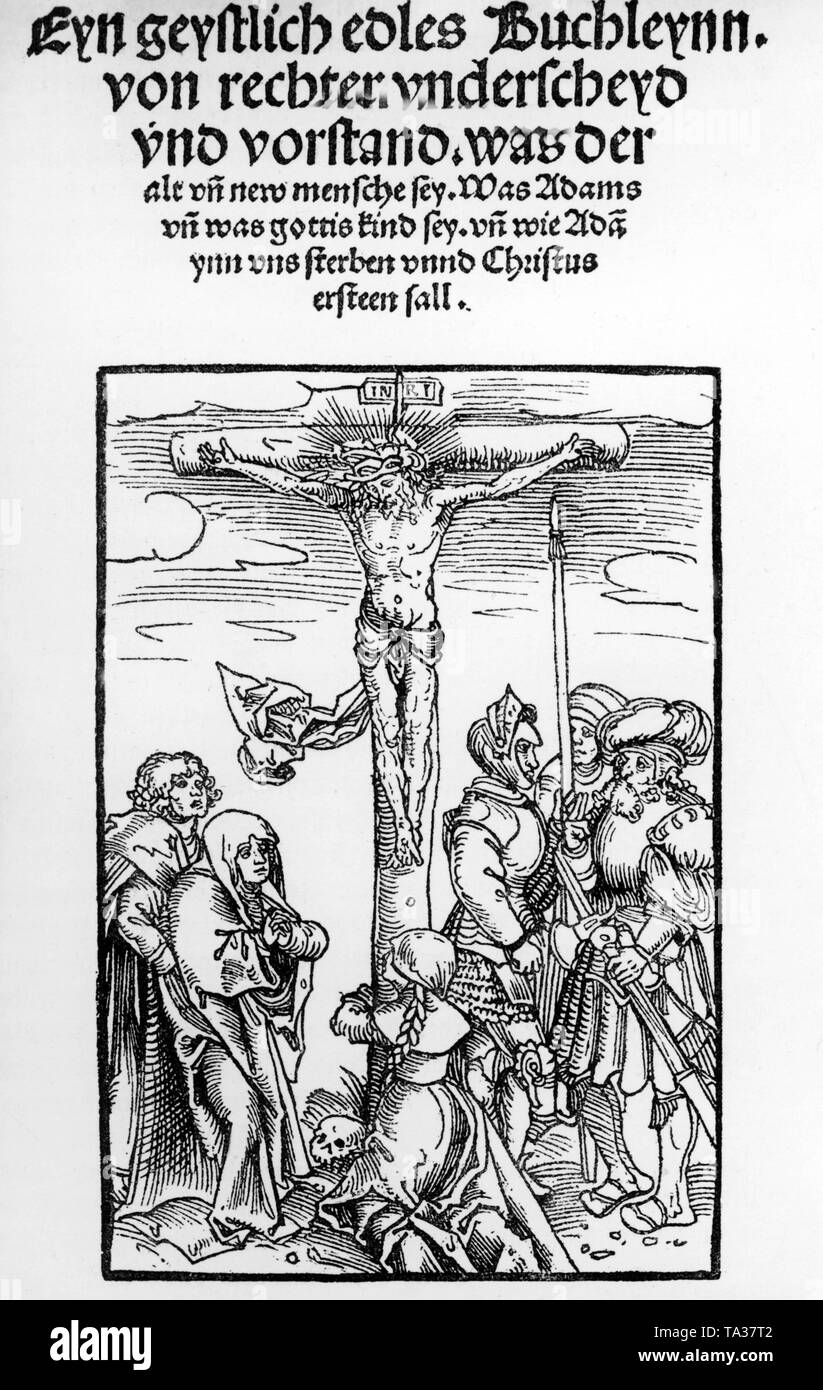 Titelseite mit holzschnitt für das Buch "Theologia deutsch" (theologia Germanica), Martin Luthers erste Veröffentlichung. Stockfoto
