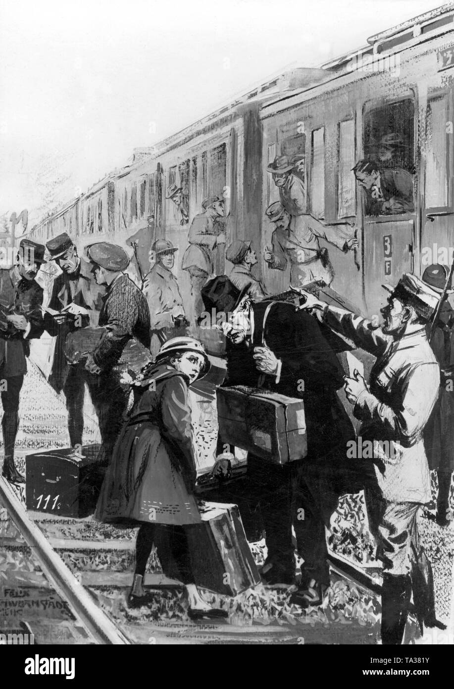 Das Bild zeigt, wie ein französischer Offizier sendet ein alter Mann und ein kleines Kind mit schwerem Gepäck über steinige Kies zum Bahnhof gesteuert werden. Stockfoto
