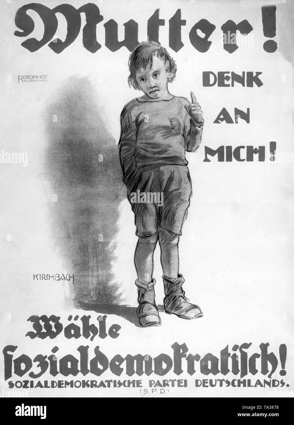 Wahlplakat der SPD für die Wahl der Nationalversammlung. Die SPD läuft eine Kampagne mit einem Kind, das Motto "andere von mir denken!" Und ein Appell für die Sozialdemokraten zu stimmen. Stockfoto