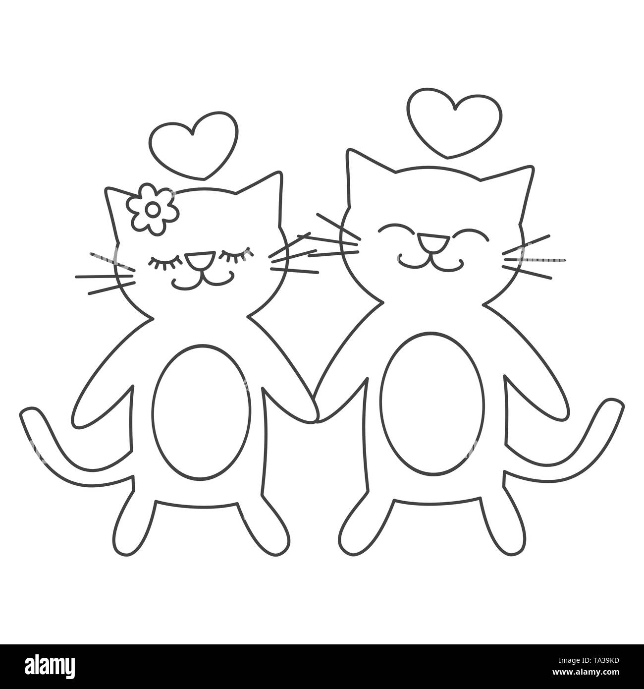 Süße schöne schwarze und weiße Katzen in Liebe cartoon Vektor romantischen Illustration für die Einfärbung von Kunst Stock Vektor