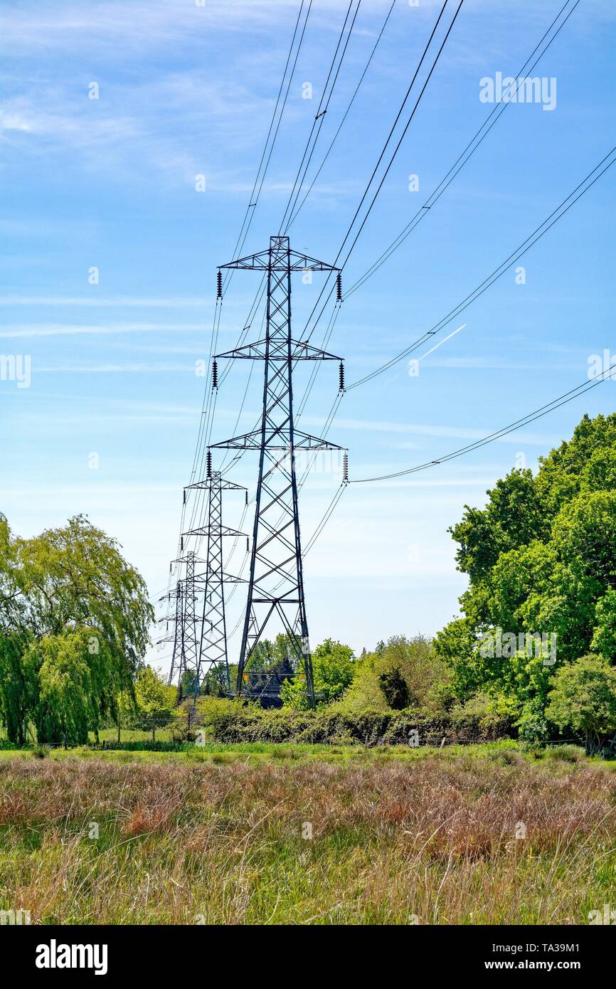 National Grid Strommasten marschieren über die Landschaft bei Ripley, Surrey, England, Großbritannien Stockfoto