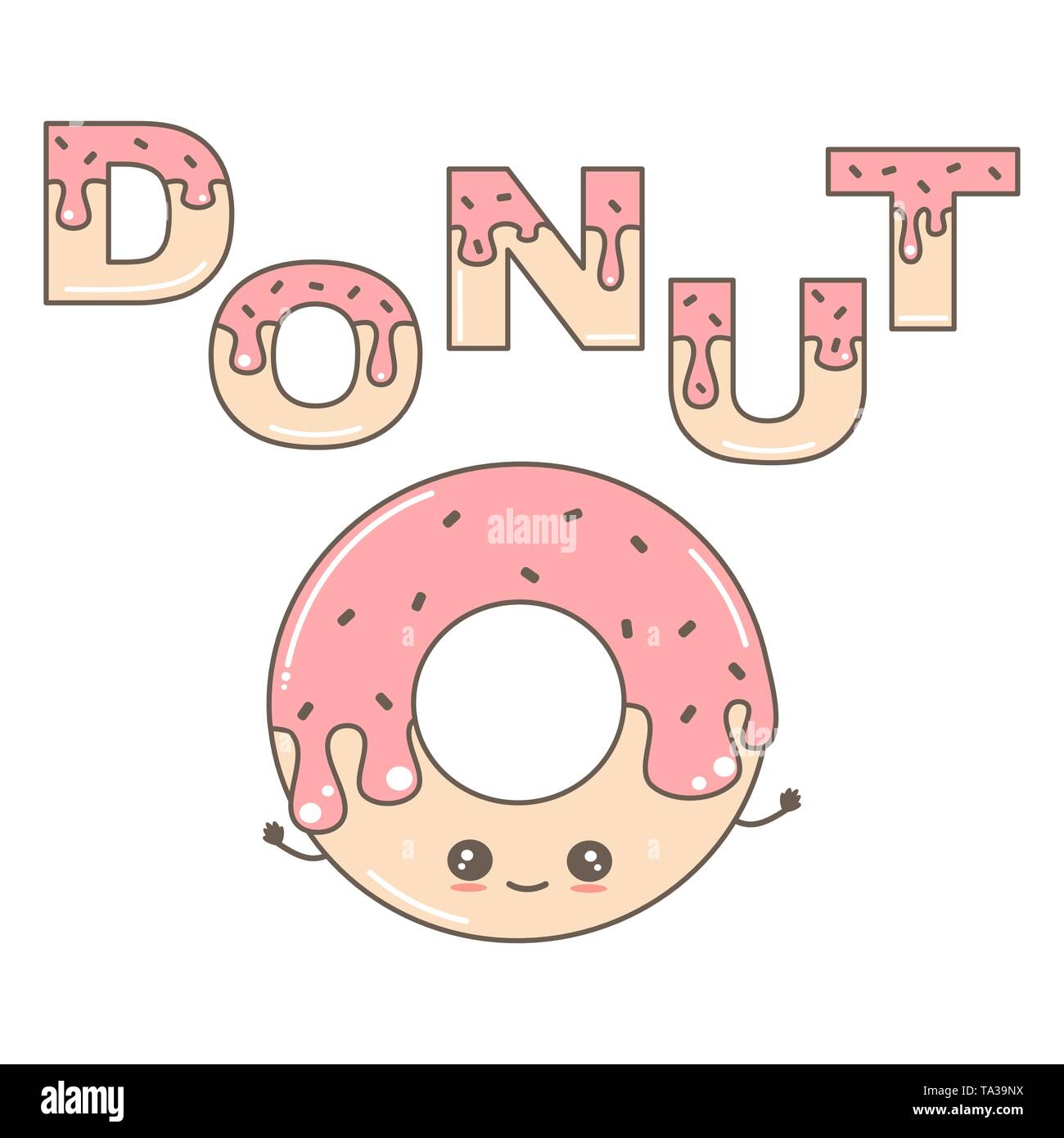 Cute cartoon Vector Illustration mit Wort Donut mit Glasur und Donut Charakter Stock Vektor