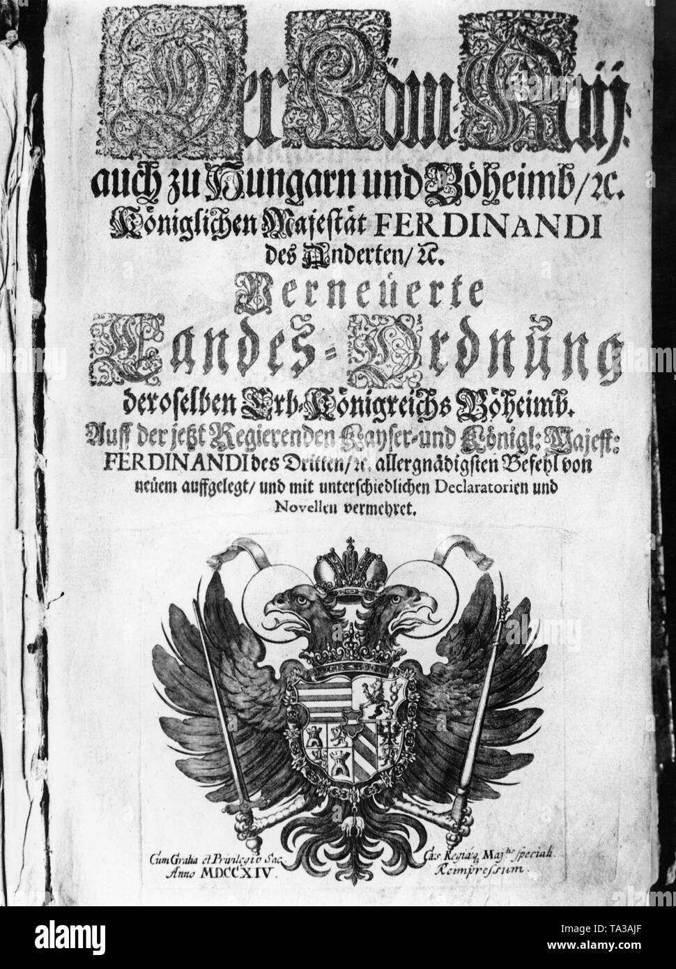 Die erste Seite des Landes Verfassung des Königreichs Böhmen. Stockfoto