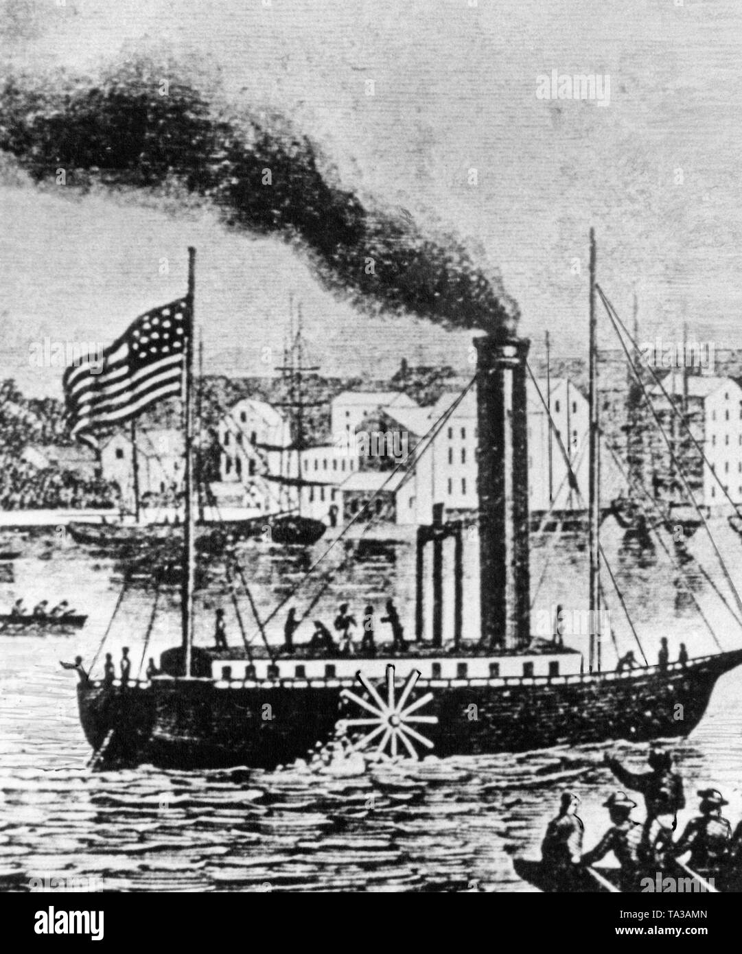 Die 'North River Steamboat" (auch: "Clermont") der Ingenieur Robert Fulton war der erste kommerziell erfolgreiche Steamboat in der Welt. Das Bild zeigt die "Clermont" auf Jungfernfahrt auf den Hudson River. Stockfoto