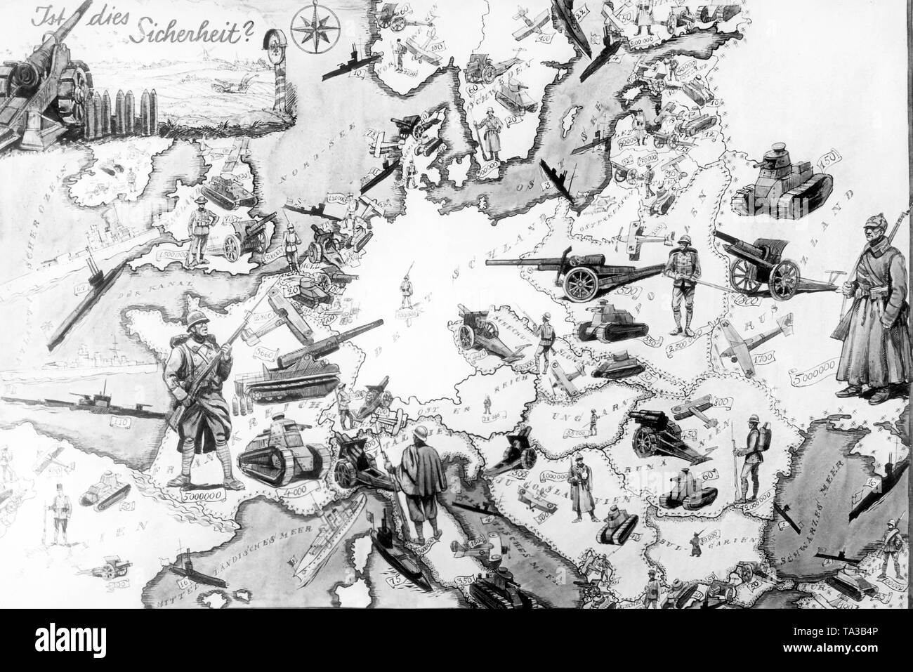 Die Karte mit dem Titel "Ist diese Sicherheit' zeigt eine Karte von Europa, wo mehrere Waffen, Panzer, Flugzeuge und Soldaten von fast allen deutschen Nachbarn auf deutschem Gebiet. Vor allem die französische Gruppe bedroht. Das Bild soll die Anfälligkeit von Deutschland zu illustrieren. Stockfoto