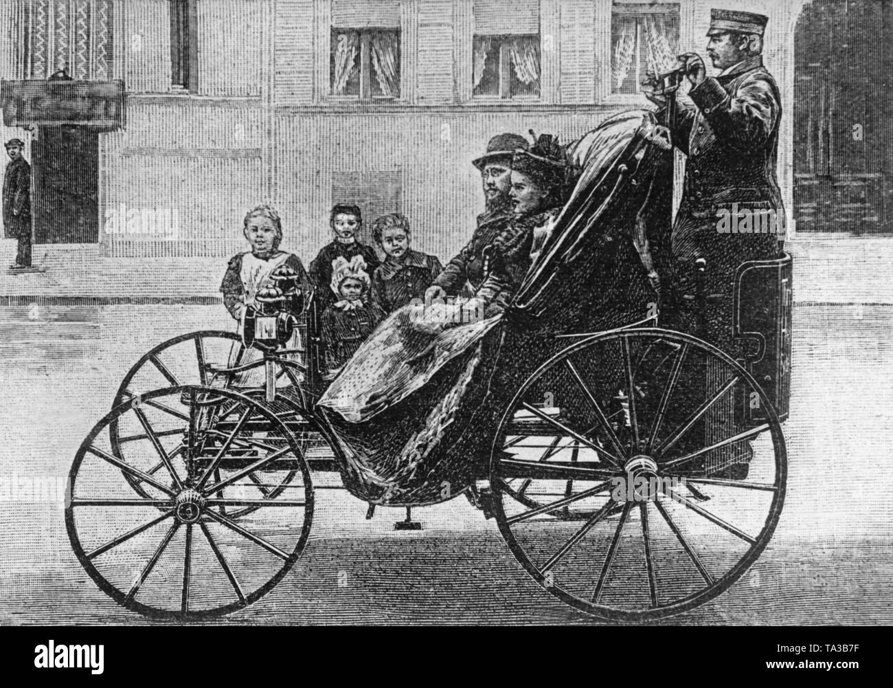 Das Pedal betätigt Cab (Tretmotordroschke) des Berliner Erfinder Hermann Ganswindt. Das Auto wird durch den Fahrer, der sein Körpergewicht verwendet das Pedal Mechanismus in der hinteren zu Drücken betrieben. Stockfoto