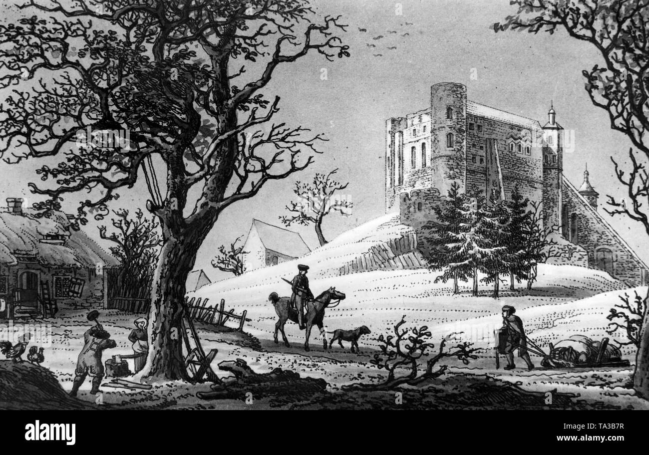 Farbige Kupferstich von I.C.A. Richter, die den Hügel Burg Stolpen im Elbsandsteingebirge in der Sächsischen Schweiz, Sachsen. Stockfoto