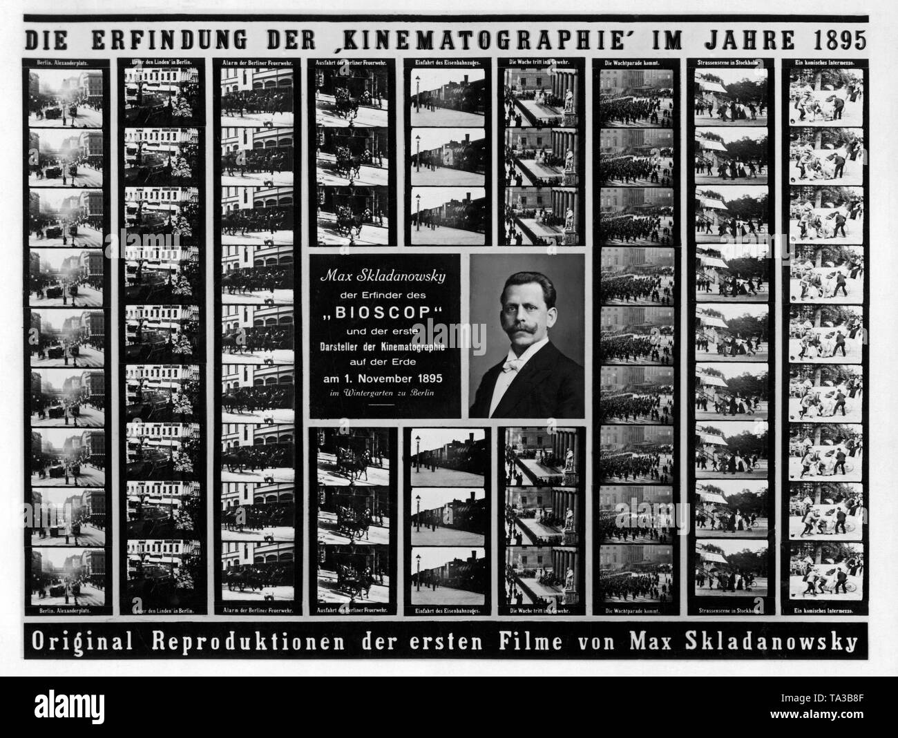 Ein Plakat wirbt für die Vorführung von Filmen Filmpionier Max Skladanwsky im Wintergarten, Belin. Um Skladanowsky das Porträt, bildstreifen für seine Bioscope. Ein bioscope ist ein Projektor, der für das Screening verwendet wurde. Stockfoto