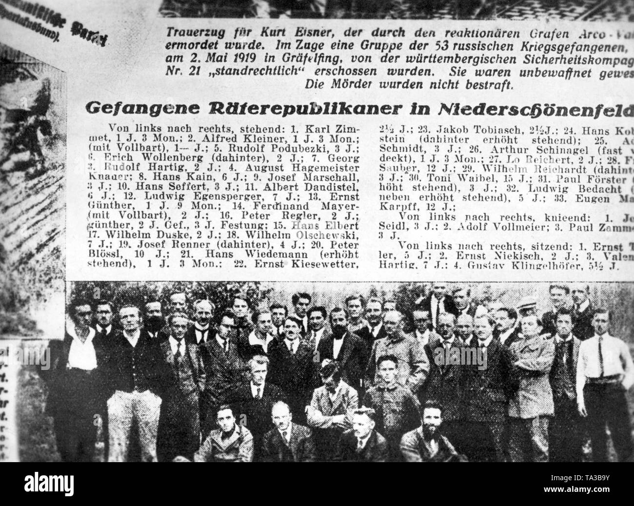 Das Bild zeigt unter anderem Ernst Toller (sitzend, ganz links) und Ernst Niekisch (direkt neben Toller), Anhänger der Sowjetrepublik von Freikorps Mitgliedern während der rückeroberung von München aufgenommen, hier im Lager Niederschoenefeld. Stockfoto