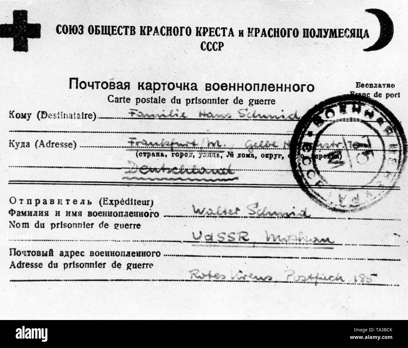 Eine Postkarte der russischen Roten Kreuz, auf der Rückseite die Kriegsgefangenen Nachrichten an den Empfänger schreiben könnte. Fast alle Karten wurden im August 1945 geschrieben und wurden sofort verschickt. Die Karten für Frankfurt am Main, wie das hier dargestellt wurde, kamen am 29.12.1945. Stockfoto