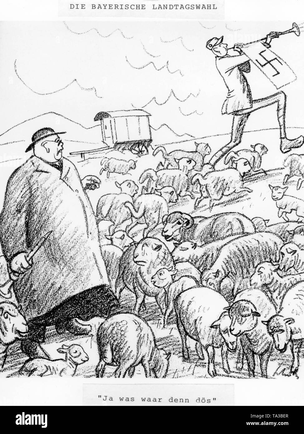 Diese Karikatur war nach der Bayerischen Landtagswahl im Jahr 1924 in der Zeitschrift implicissimus' veröffentlicht. Im Bild: Ein Mann, der an seinem bisher Fromme kleine Schafe sieht von der Bayerischen Volkspartei migrieren auf der Schalmei klingt der Nazis. Unter der Zeichnung die Inschrift (englische Übersetzung): "Was war das überhaupt?' Stockfoto
