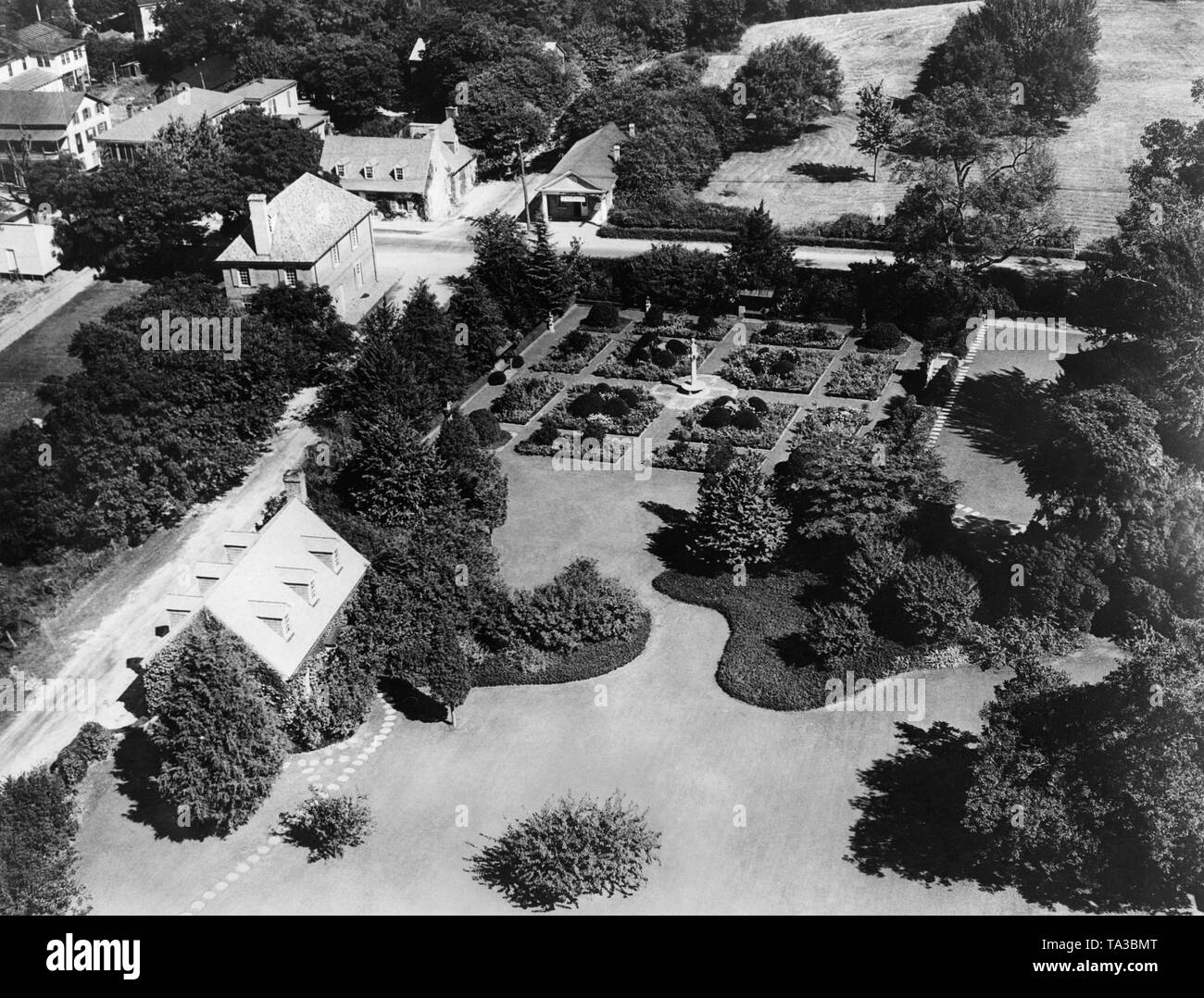 Luftaufnahme von Nelson House Gardens in Yorktown, Virginia. Stockfoto