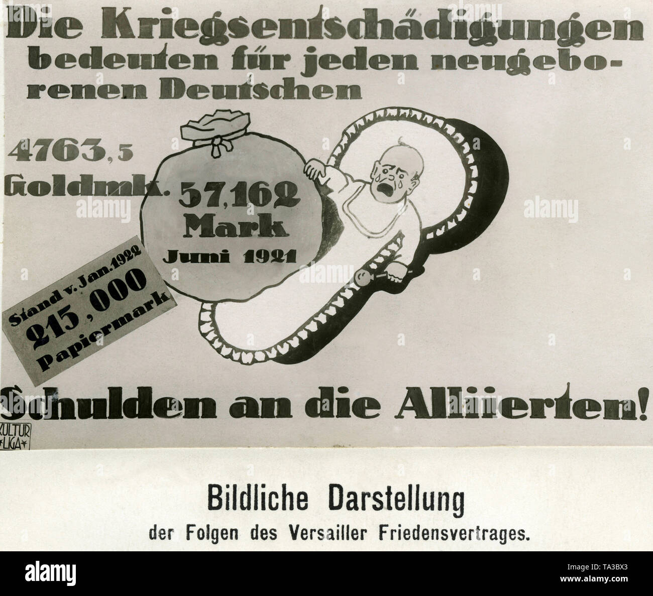 Im Bild ist ein Baby, mit einem Sack voller Geld zu tragen. Inschrift ...