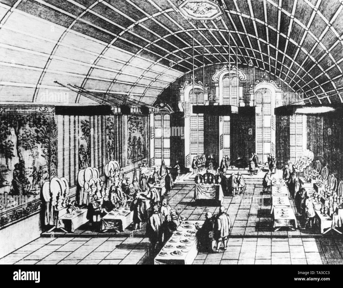 Bankett Tisch für Kaiser Franz I. und Maria Theresia, und die Wähler die Roemer in Frankfurt am Main. Stockfoto