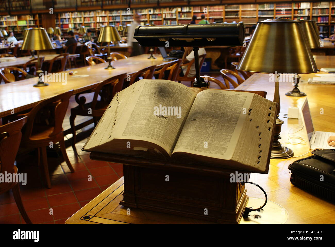 New York, USA - 13. August 2008: Altes Buch, Vertrag von Biologie, in einem rednerpult in einer öffentlichen Bibliothek geöffnet, Sitz des Wissen der Menschheit. Stockfoto