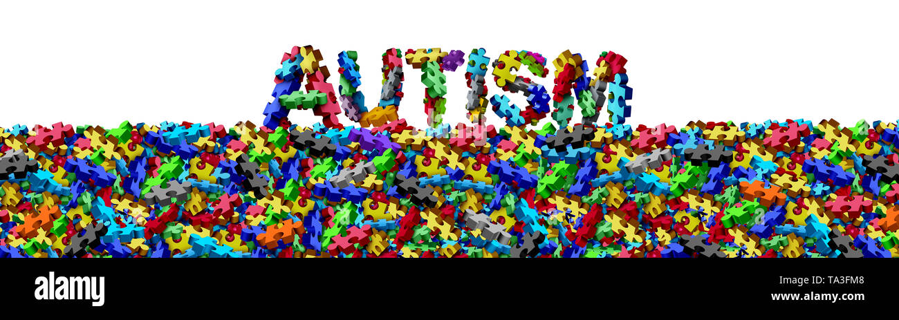 Autistischen Entwicklungsstörungen und Autismus Unordnung puzzle Symbol als Text, die spezielle Bildung Symbol als Puzzleteile, die zusammen kommen. Stockfoto