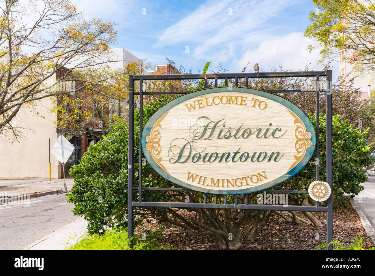 Wilmington, NC - November 6, 2018: Willkommen bei Historic Downtown Wilmington Zeichen Stockfoto
