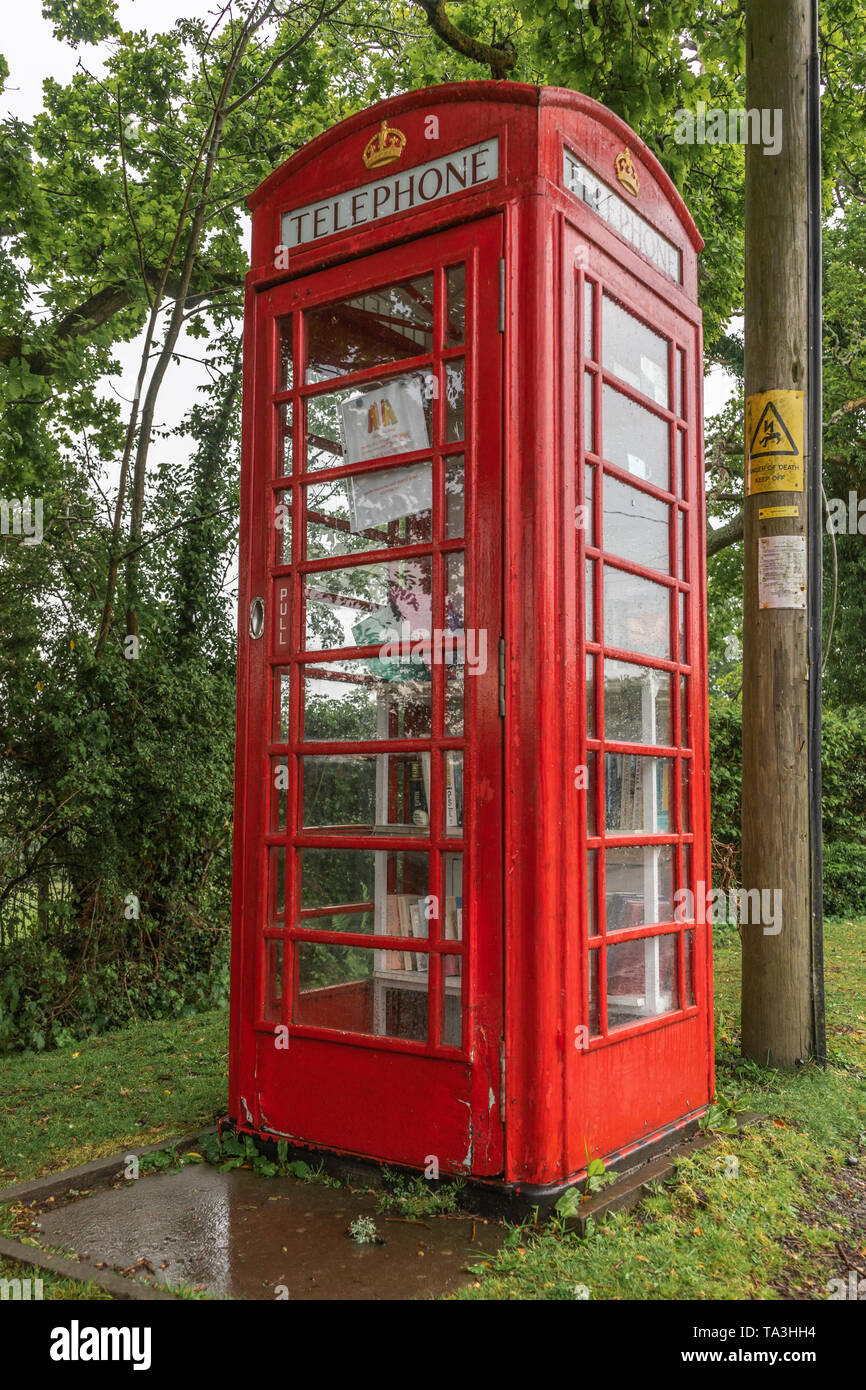 Rote alte Telefonzelle, die an einem regnerischen Tag in Fritham, New Forest, England, Großbritannien, zu einer Bibliothek umgebaut wurde Stockfoto