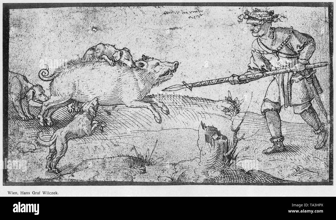 Kupferstich von Jost Amman, ein Wildschwein Jagd mit Wildschwein Speer. Stockfoto