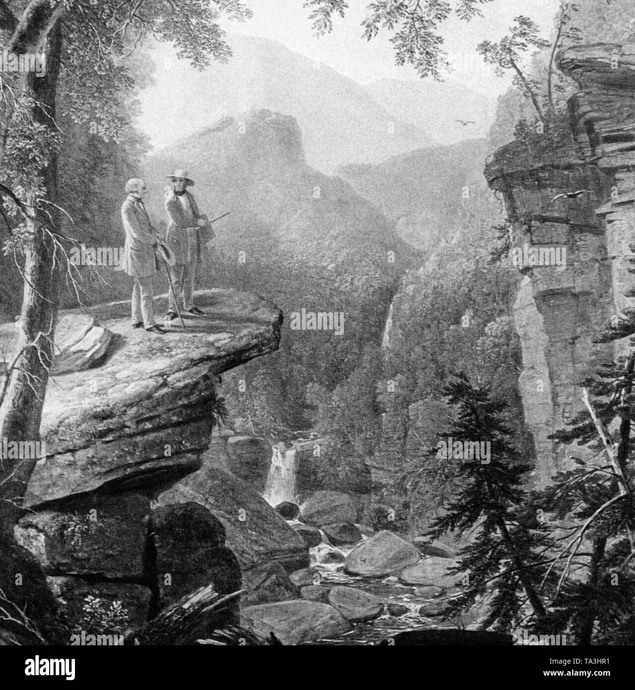 Während der Romantik gab es eine Rückkehr zur Natur. Das Gemälde zeigt zwei Männer in der Natur. Stockfoto