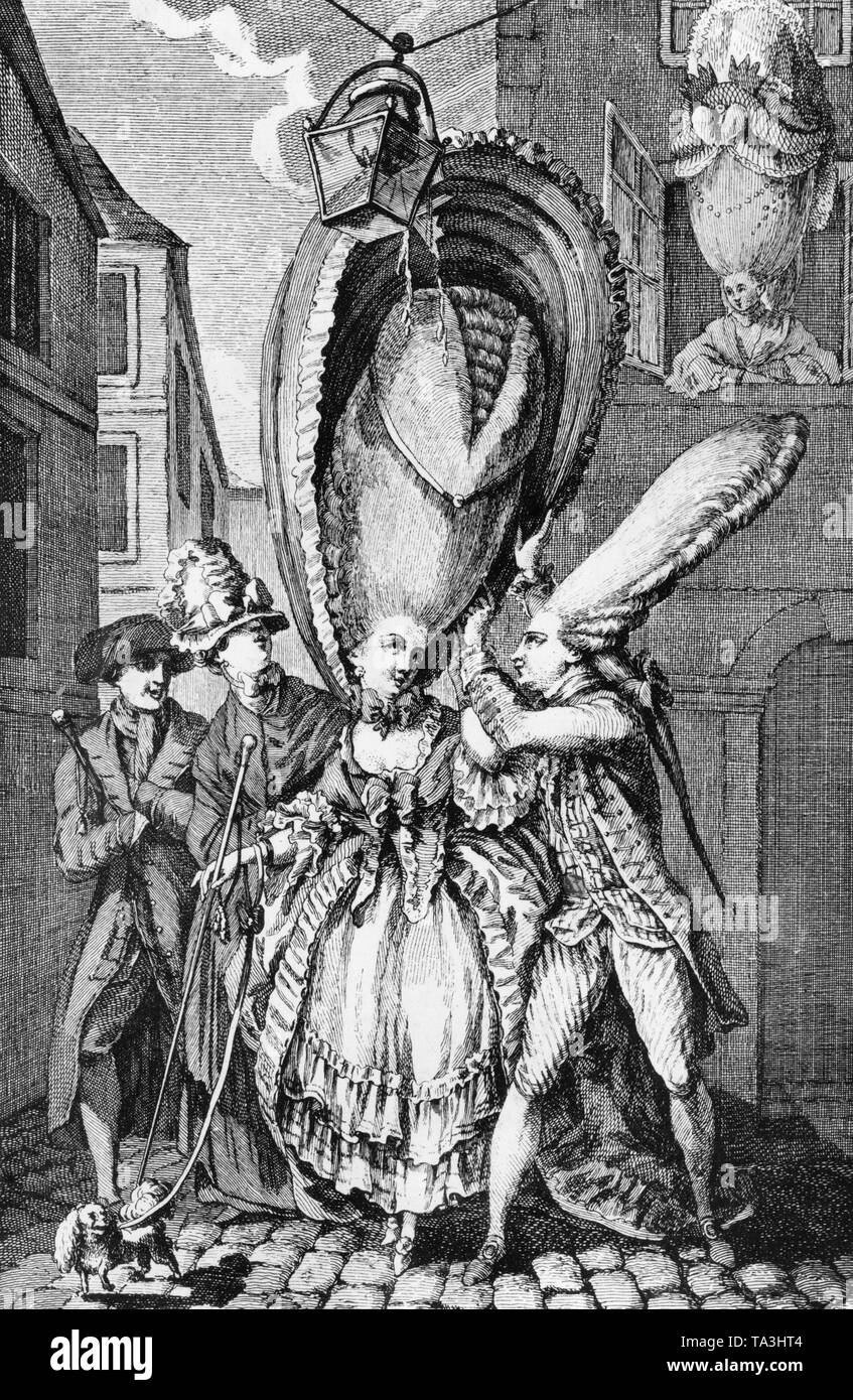 Karikatur aus Frankreich um 1780 auf dem immer höher, schickere Frisuren und Perücken der Zeit. Stockfoto