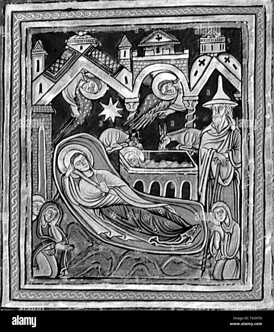Diese Darstellung der Heiligen Familie als Miniatur aus dem St. Peter Pericopes aus rund 1150 zeigt Joseph mit dem spitzen Hut, der Juden im Mittelalter war ein unverwechselbares Stück Kleidung nur von Juden getragen. Stockfoto