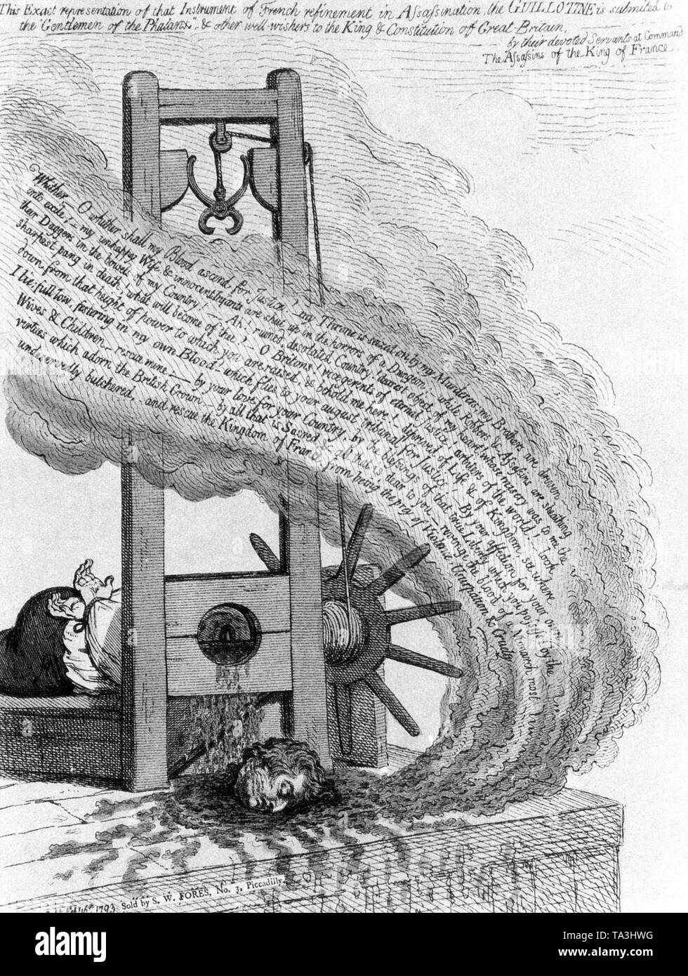 Von der britischen Verfasser James Gillray für die Hinrichtung des französischen Königs Louis XVI. graviert Gillray rief seine Zeichnung "Das Blut der Ermordeten schreien heraus für Vengeance'. Stockfoto