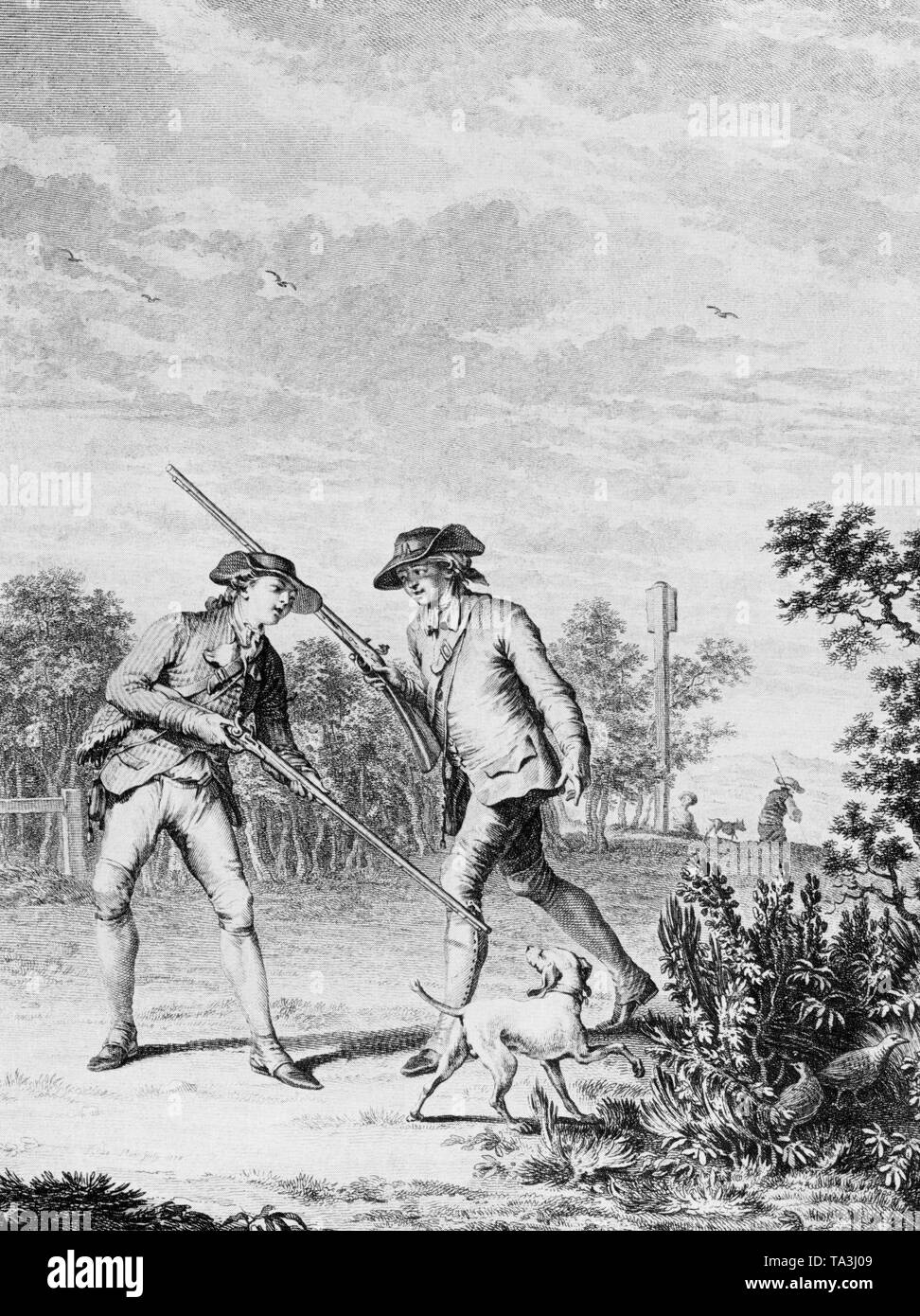 Zwei französische Jäger mit Hund auf ein Rebhuhn jagt. Der Hund steht von einem Busch, in der rebhühner eingeklemmt sind. Bild für Rousseaus Emilie von Jean Michel Moreau, genannt Moreau le Jeune. Stockfoto
