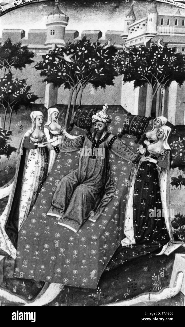 Die Islamischen Propheten Mohammed mit mehreren Frauen dargestellt, nach einem französischen Miniatur aus dem 15. Jahrhundert Stockfoto