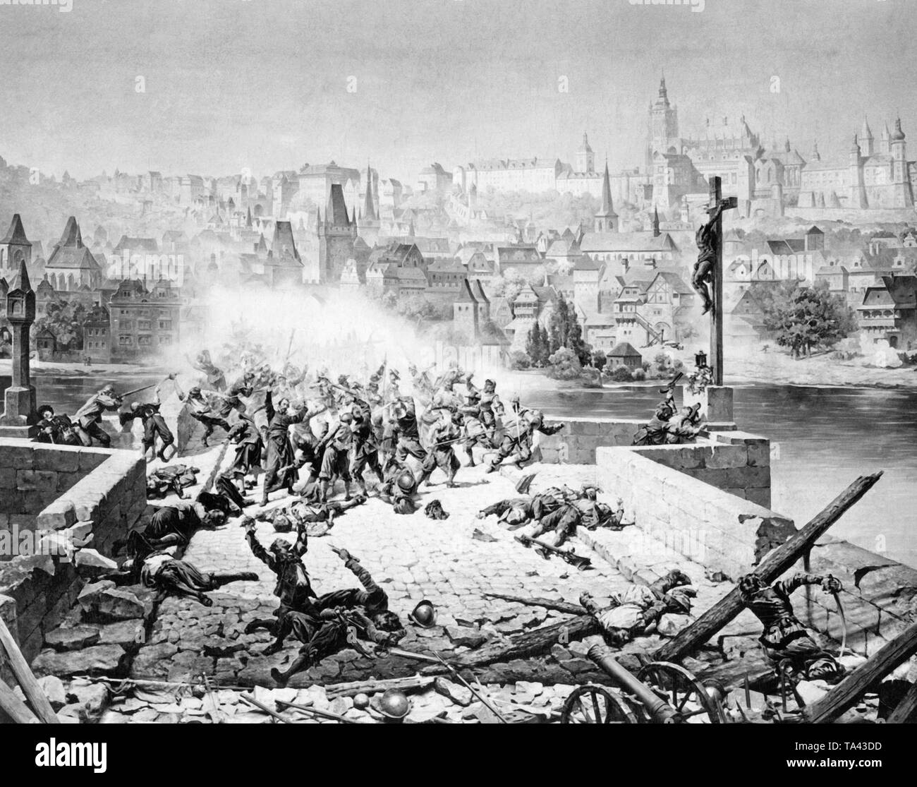 Schwedische Soldaten kämpfen gegen die Bürgerinnen und Bürger in Prag an der Karlsbrücke während des Dreißigjährigen Krieges. Stockfoto